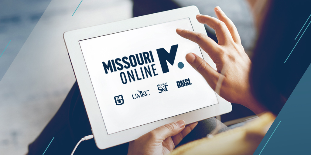 Missouri Online, Mizzou, UMKC, Missouri S&amp;T and UMSL logos on tablet