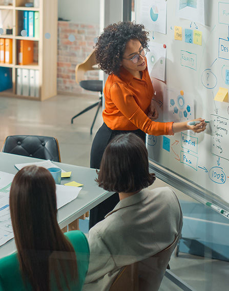 Young professional mapping something out on a whiteboard.