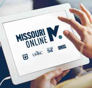 Missouri Online, Mizzou, UMKC, Missouri S&T and UMSL logos on tablet