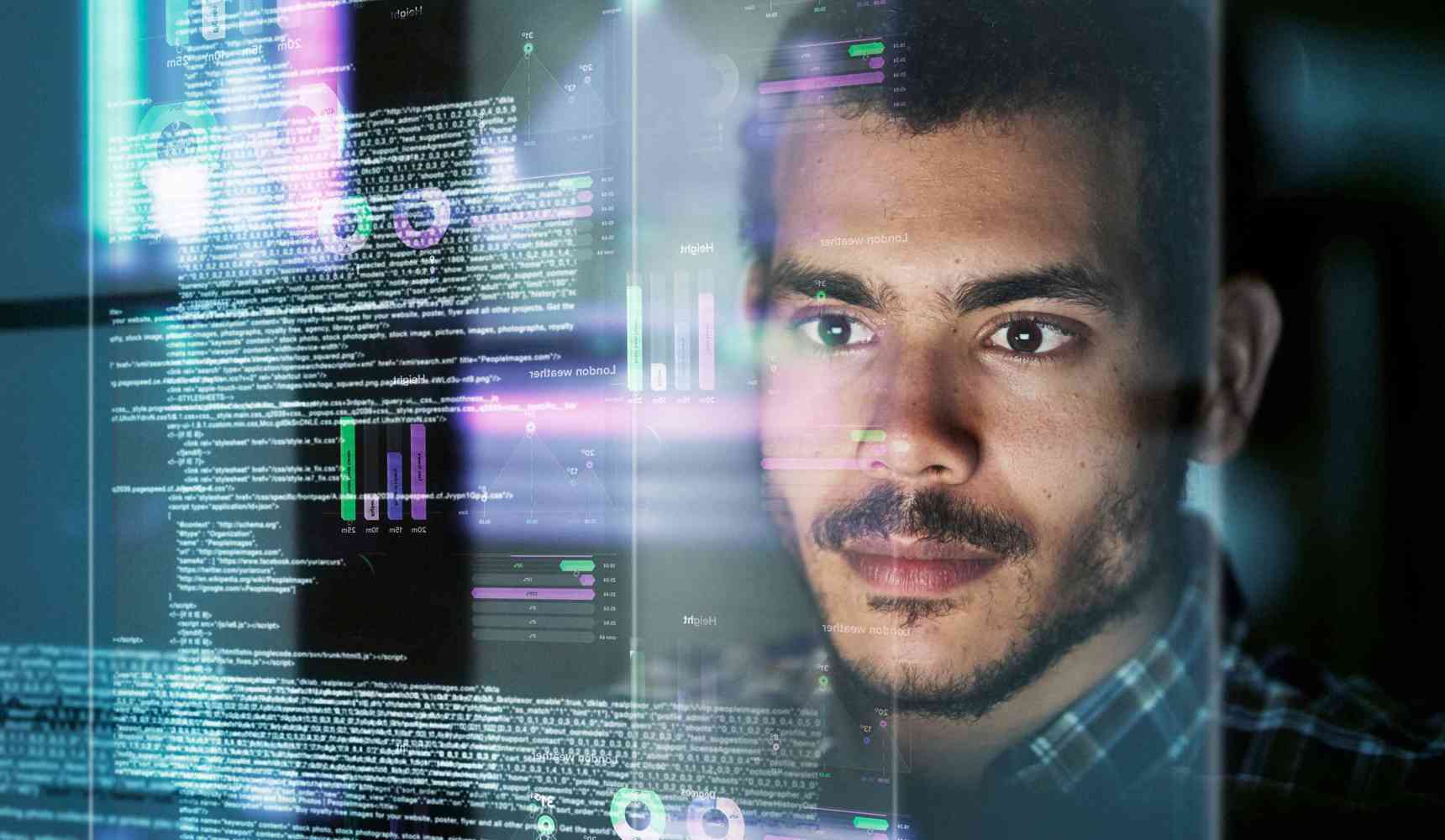 Person looking through a transparent field of digital information