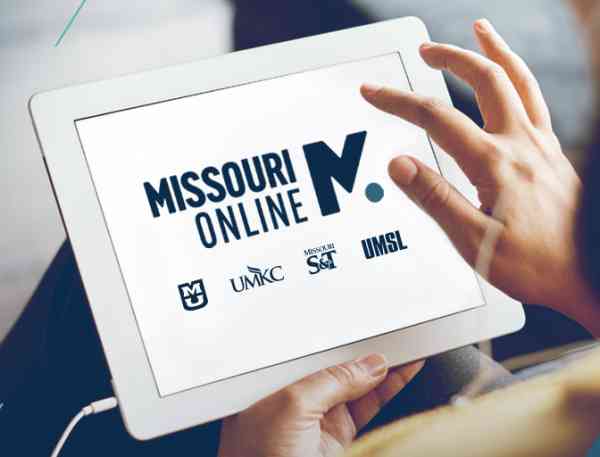 Missouri Online, Mizzou, UMKC, Missouri S&T and UMSL logos on tablet