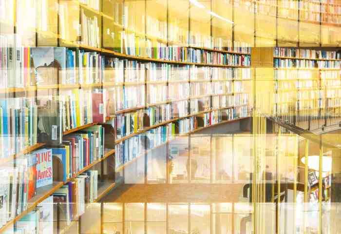 Large library containing many books on high shelves.