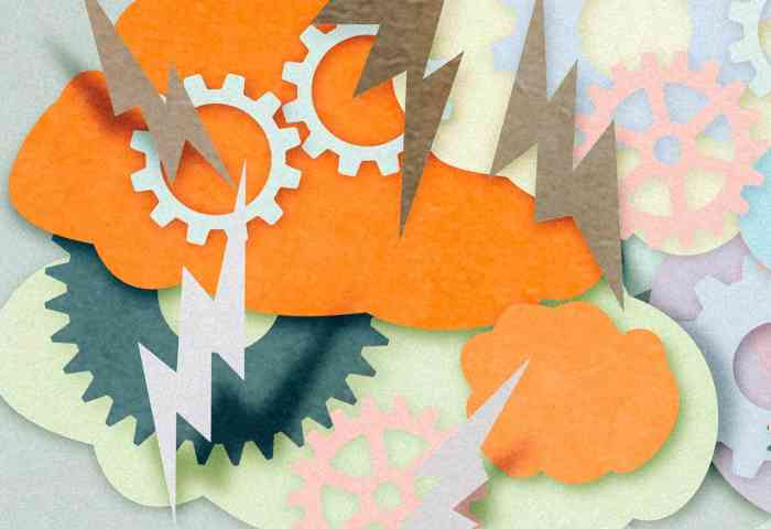 Paper cutouts of varying colors and shapes representing a brainstorm collage.