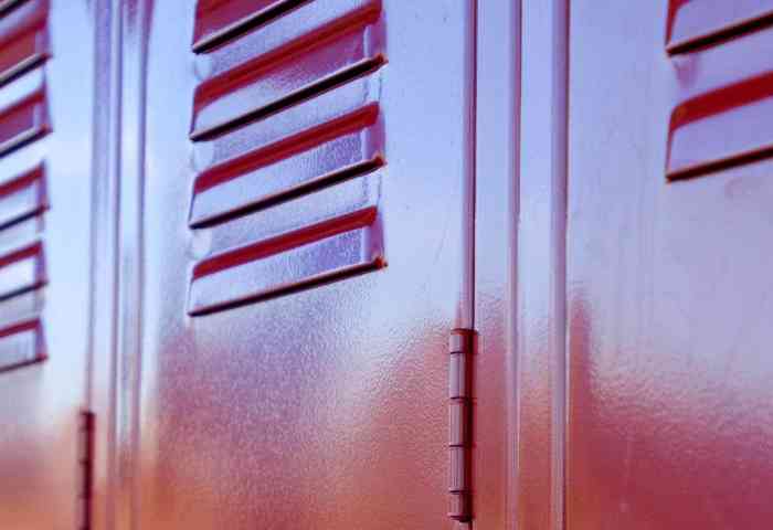 Close view of red school lockers.