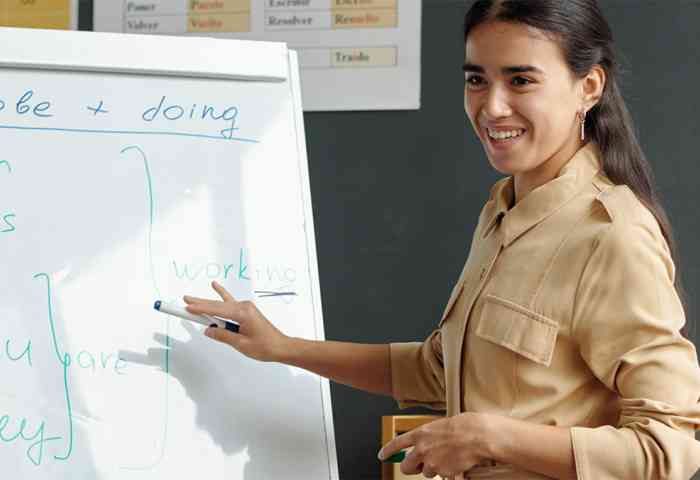 A teacher instructing near a marker board.