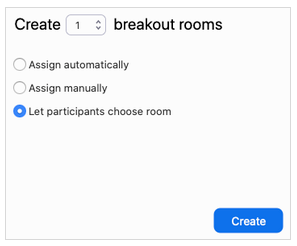 Upon clicking the breakout rooms button, the host will have the option to let Zoom assign automatically, assign manually or let participants choose their breakout room.